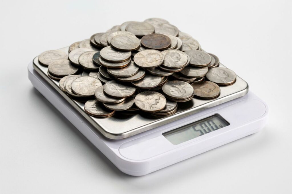 A stack of 100 US nickels that weighs exactly 500 grams as a weight reference