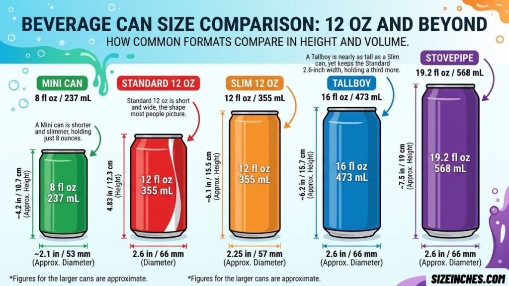 Beverage can size chart comparing 8 oz, 12 oz standard and slim, 16 oz, and 19.2 oz cans.