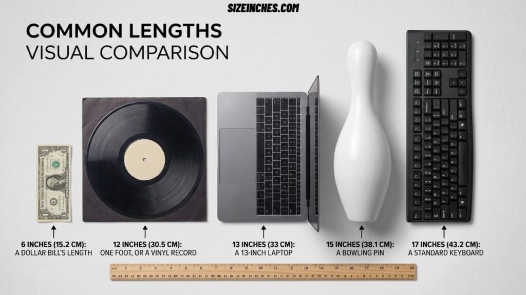 13 inches vs other common lengths comparison showing a dollar bill, vinyl record, 13-inch laptop, bowling pin, and keyboard on a ruler