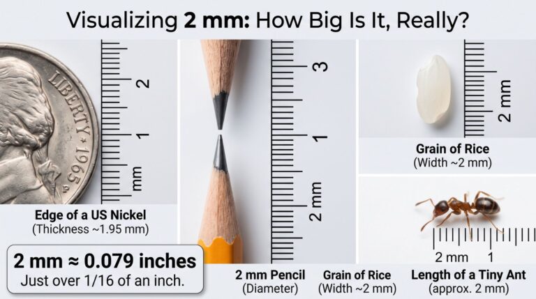 2 mm size comparison showing it equals about 0.079 inches, next to a nickel edge and rice grain.