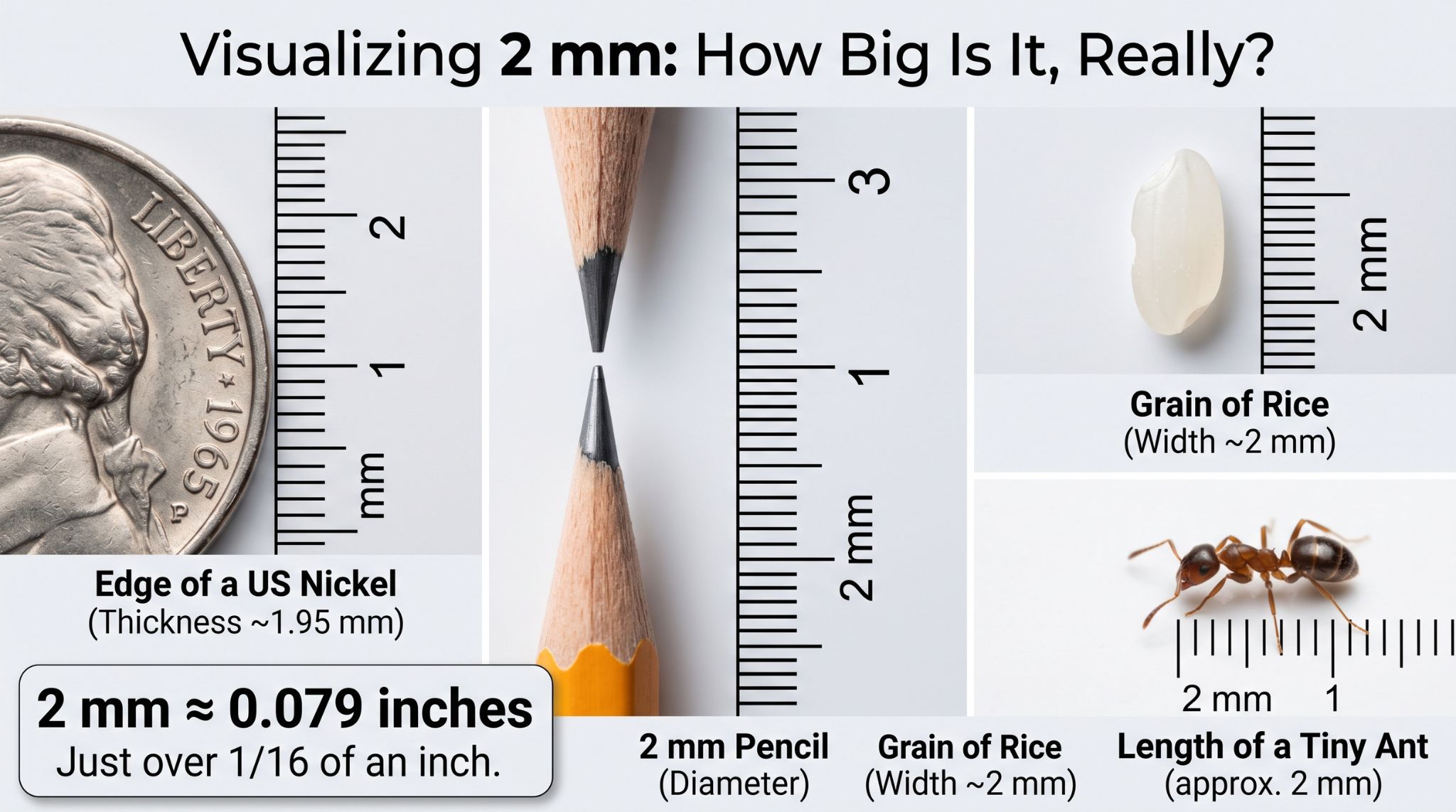 2 mm size comparison showing it equals about 0.079 inches, next to a nickel edge and rice grain.