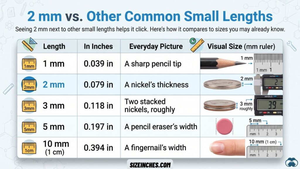 Small length comparison showing 1 mm, 2 mm, 3 mm, 5 mm, and 10 mm with everyday examples.