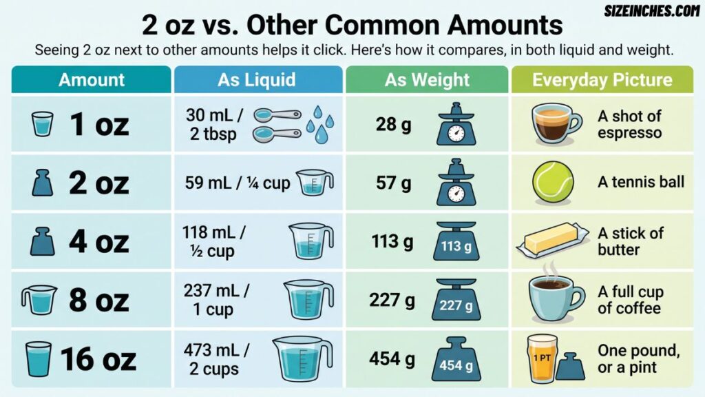 2 oz compared to 1, 4, 8, and 16 oz in mL, cups, and grams with everyday examples
