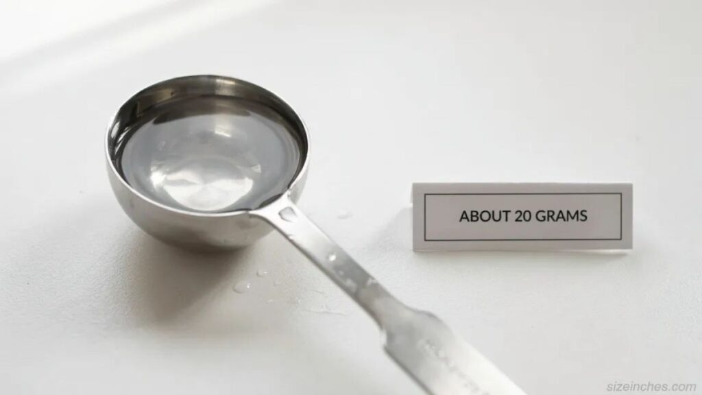 A stainless steel measuring spoon holding 20 mL of water that weighs 20 grams as a kitchen reference