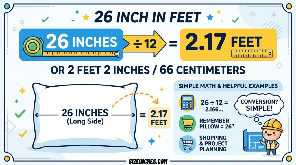 26 inch in feet conversion showing 26 inches divided by 12 equals 2.17 feet, or 2 feet 2 inches, or 66 centimeters