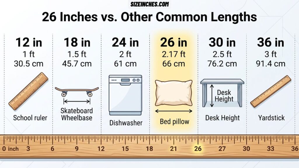 26 inches vs other common lengths chart comparing 12, 18, 24, 26, 30, and 36 inches with a ruler, skateboard, dishwasher, bed pillow, and desk