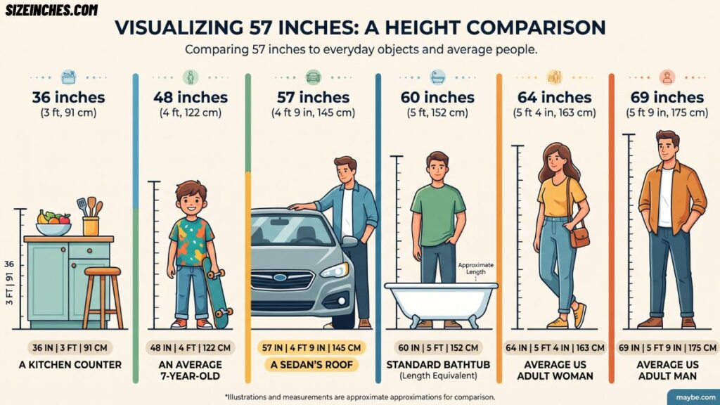 57 inches vs other common heights chart comparing 36, 48, 57, 60, 64, and 69 inches with a kitchen counter, child, sedan roof, and average adults