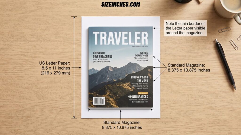 A sheet of US Letter paper next to a standard magazine showing the paper is slightly bigger