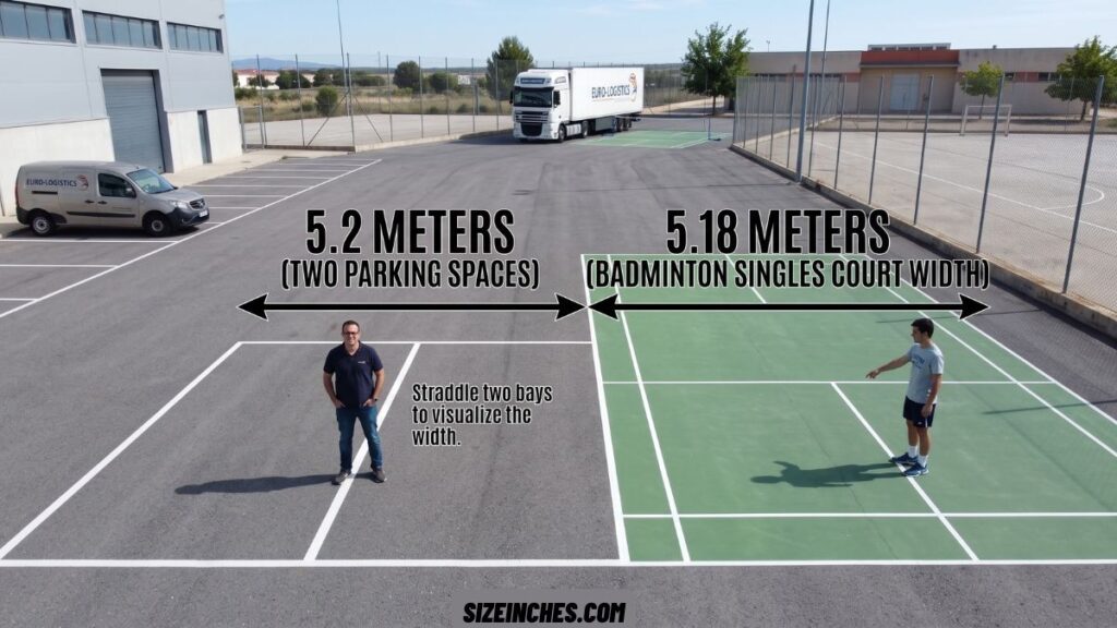Two parking spaces side by side matching the 5.18 meter singles width of a badminton court