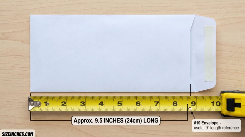 #10 business envelope 9.5 inches long shown as a reference near 9 inches