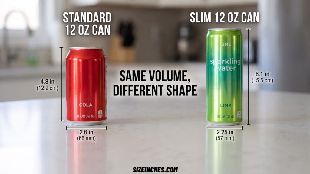 A 12 oz slim can next to a standard 12 oz can showing the slim can is taller and narrower