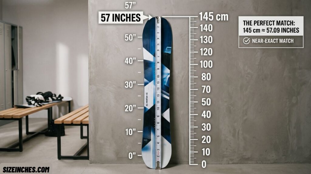 145 cm snowboard standing upright measuring about 57 inches tall