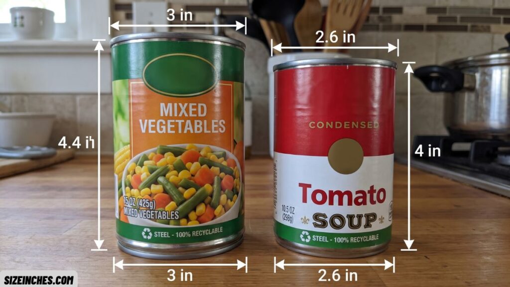 15-ounce vegetable can next to a soup can comparing overall can size