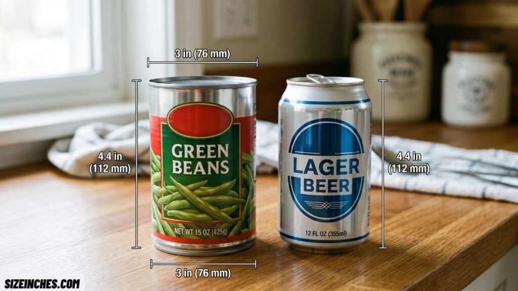 A 15-ounce vegetable can next to a beer can comparing overall can size