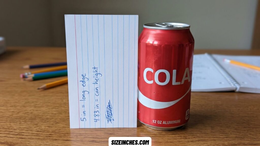 A 3 by 5 index card standing next to a 12 oz can showing a similar height near 5 inches