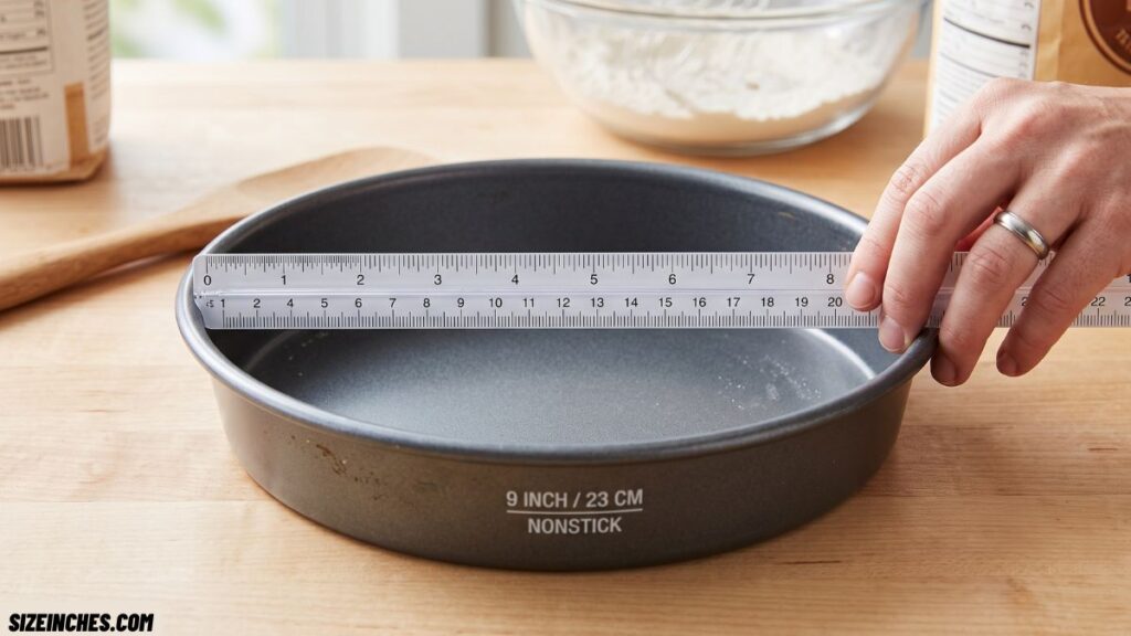 A 9-inch cake pan measuring exactly 9 inches across as a length reference