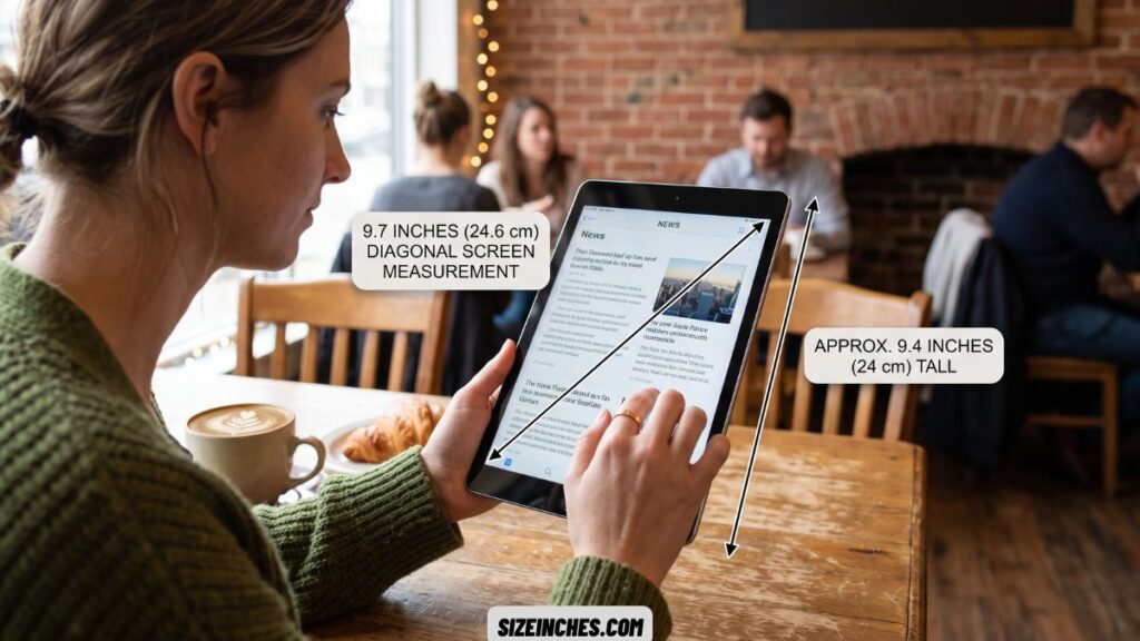 A 9.7-inch tablet standing about 9.4 inches tall as a reference near 9 inches