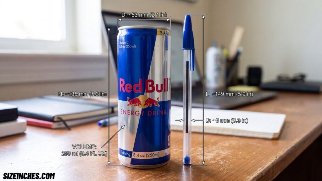 A ballpoint pen next to a Red Bull can showing a similar length near 5 inches