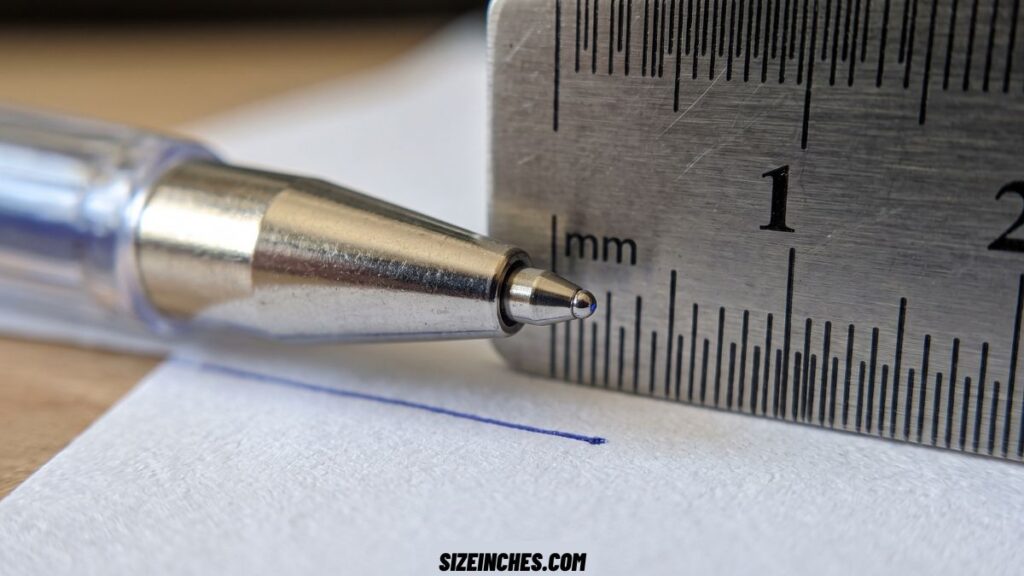 ballpoint pen tip showing a width of about 2 mm at the base