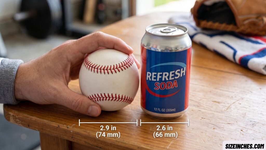 A baseball next to a 12 oz can showing a similar width near 2.6 inches