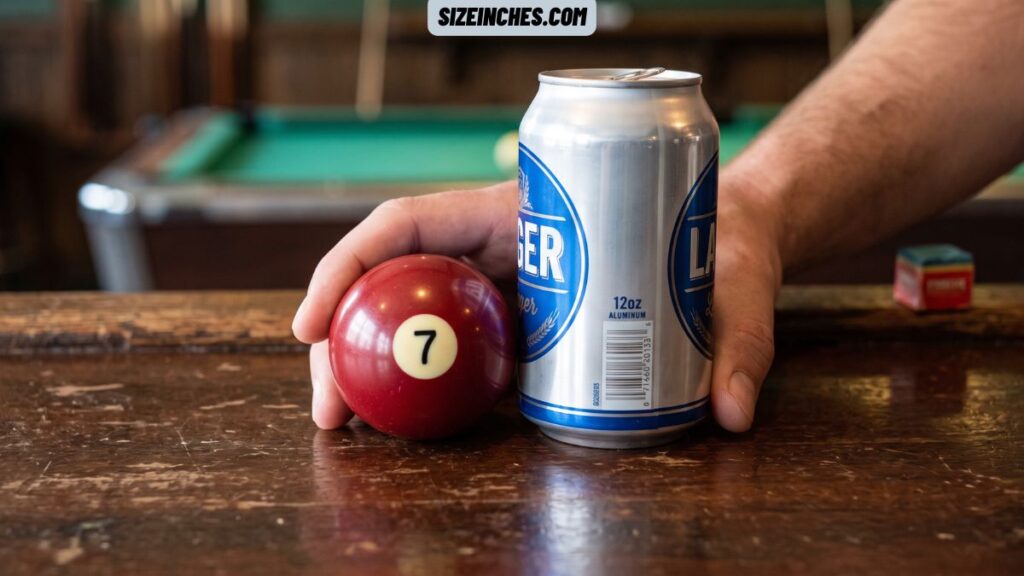 A billiard ball next to a beer can showing the ball is slightly narrower at 2.25 inches