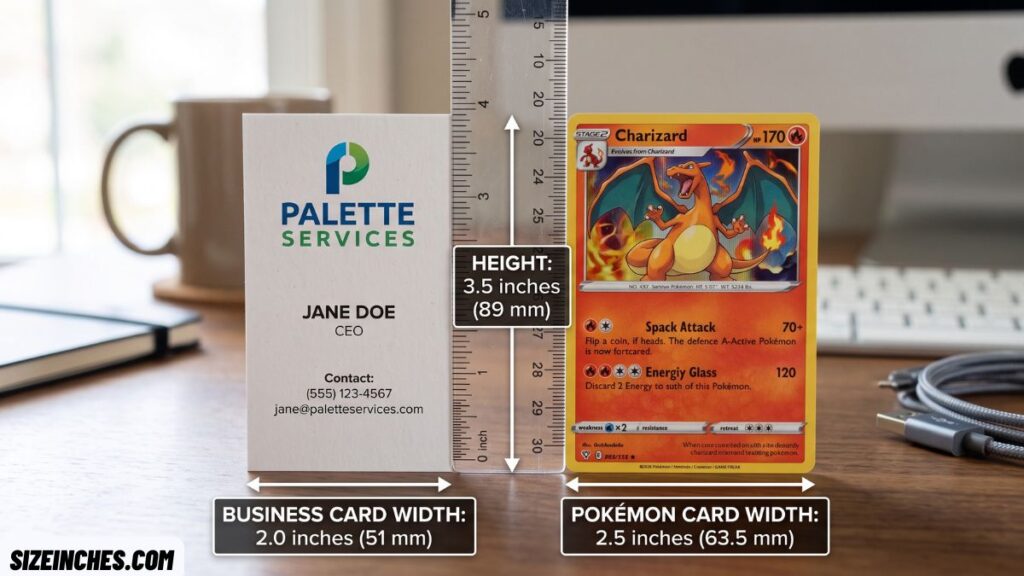 A business card next to a Pokémon card showing the matching 3.5 inch length