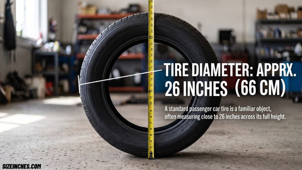 A car tire about 26 inches in overall diameter shown as a size reference