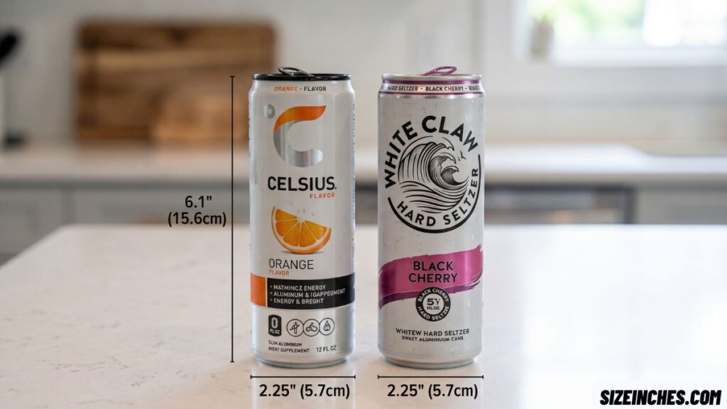 A Celsius can beside a White Claw can with the same 12 oz slim shape
