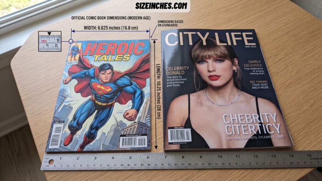 A comic book next to a standard magazine showing the magazine is wider and taller