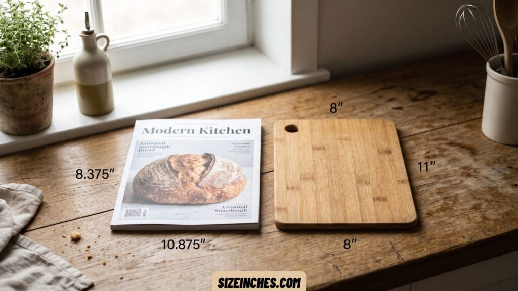 A small cutting board next to a standard magazine showing a similar footprint