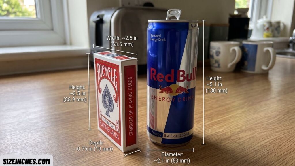A deck of playing cards standing upright next to a Red Bull can as a rough height guide