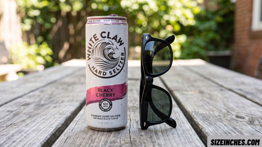 A folded pair of sunglasses next to a White Claw can showing a similar length near 6 inches