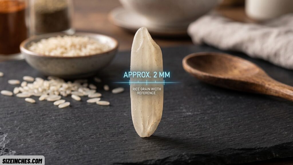 A grain of rice showing a width of about 2 mm