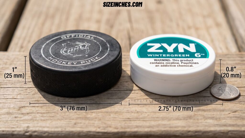 hockey puck next to a Zyn can showing both are round and flat, with the puck slightly bigger