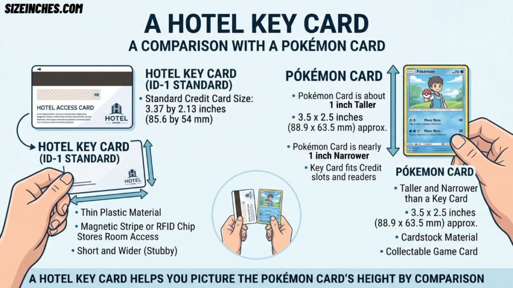 A hotel key card next to a Pokémon card showing the card is taller and narrower