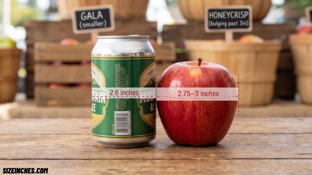 A medium apple next to a beer can showing a similar width near 2.6 inches