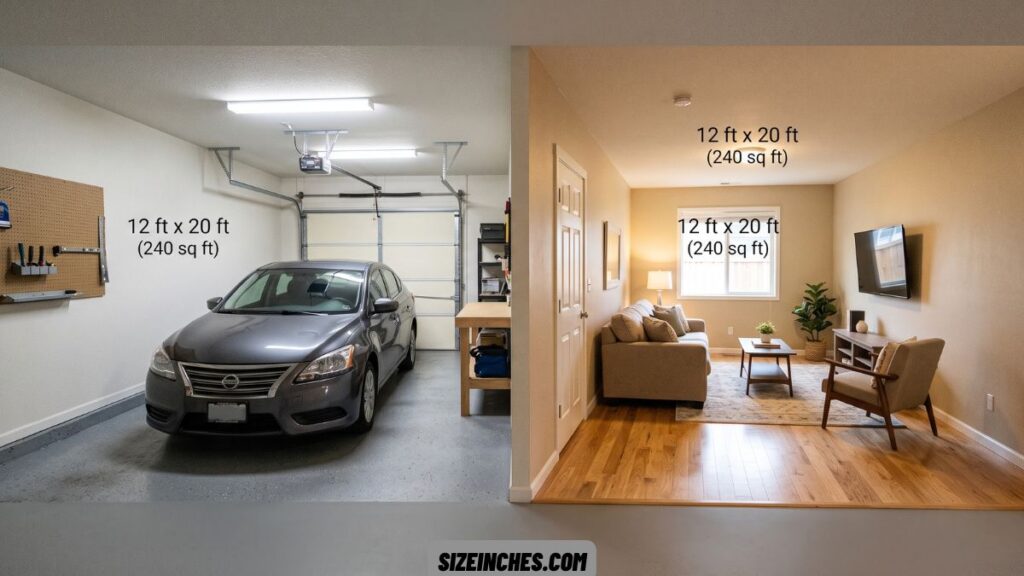 A one-car garage about 240 square feet matching a small living room size