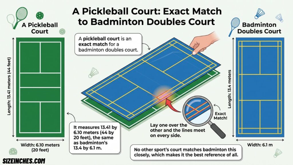 A pickleball court matching the exact 13.41 by 6.10 meter size of a badminton doubles court