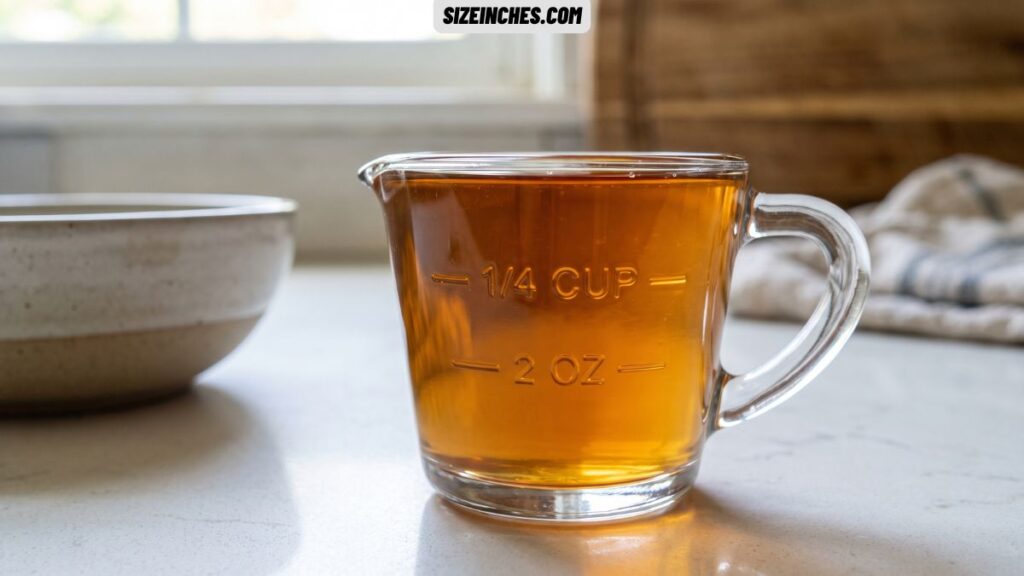 A quarter cup measuring cup holding exactly 2 fluid ounces