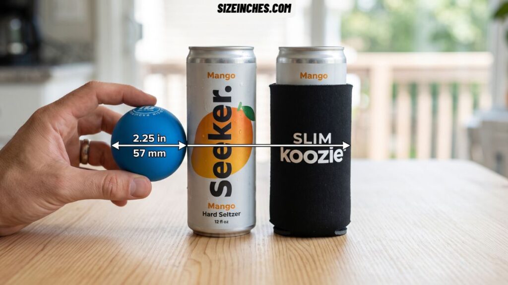 A racquetball showing the exact 2.25 inch inner diameter of a slim can koozie