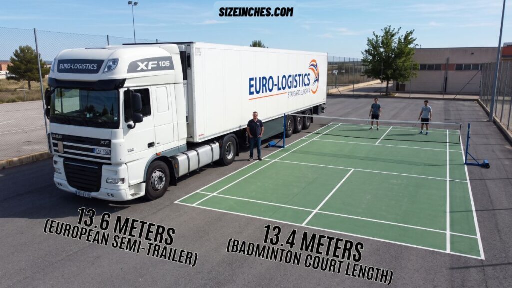 A semi-trailer 13.6 meters long compared to the 13.4 meter badminton court length
