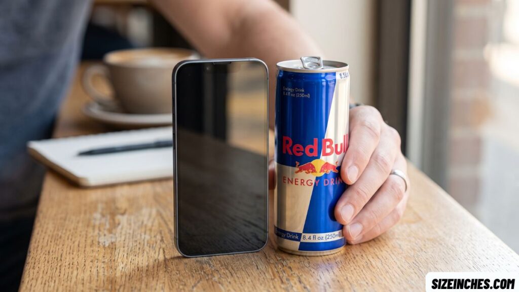 A small smartphone next to a Red Bull can showing a similar height near 5 inches