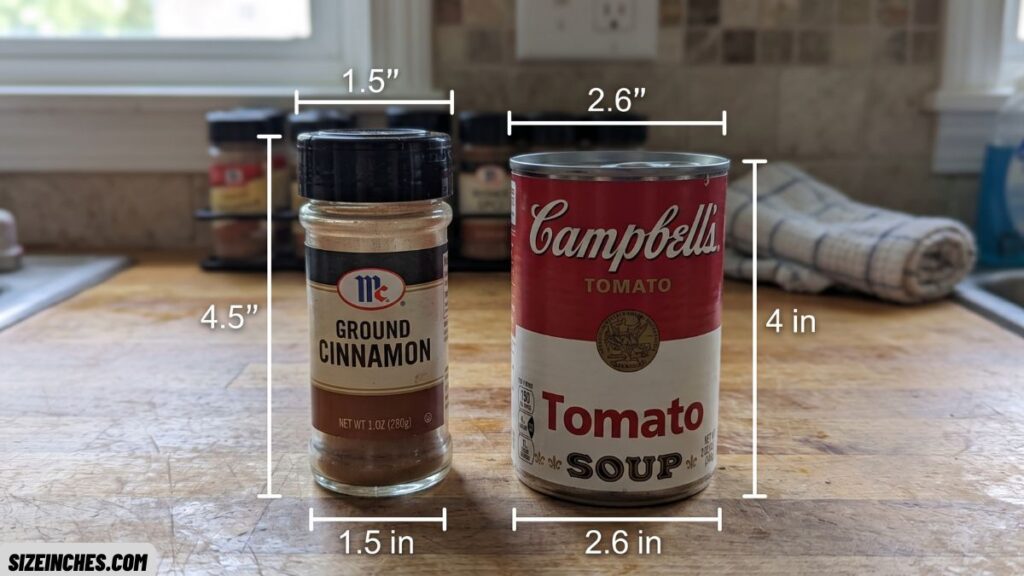 A spice jar next to a soup can showing a similar height near 4 inches