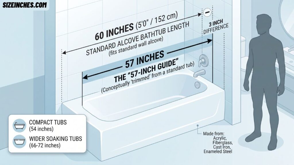 standard 60-inch bathtub shown as an upper reference near 57 inches