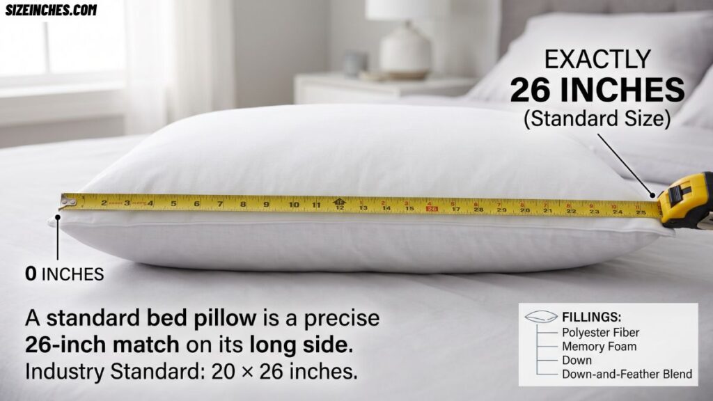 A standard bed pillow measuring exactly 26 inches on its long side