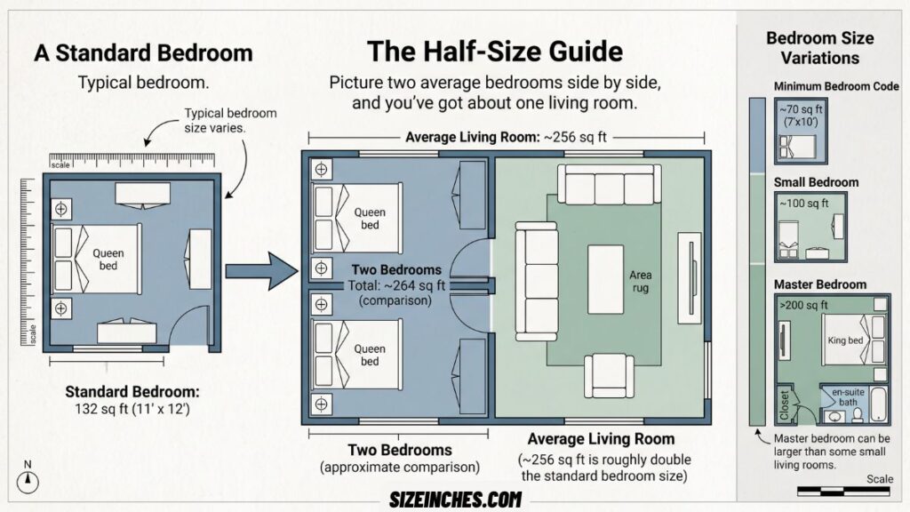 A standard bedroom about 132 square feet showing about half an average living room size