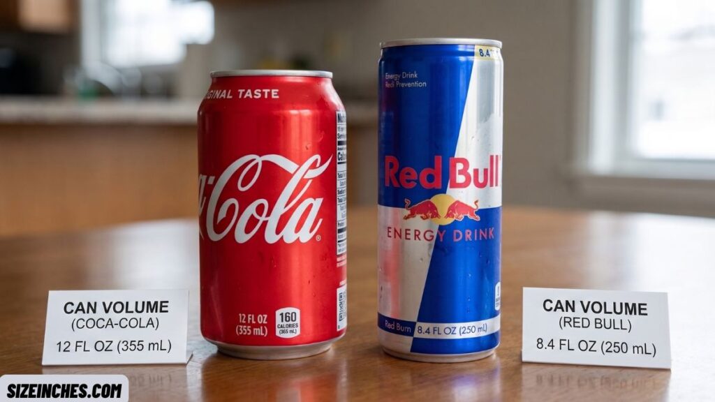 A standard Coca-Cola can beside a Red Bull can showing the Red Bull is taller and slimmer