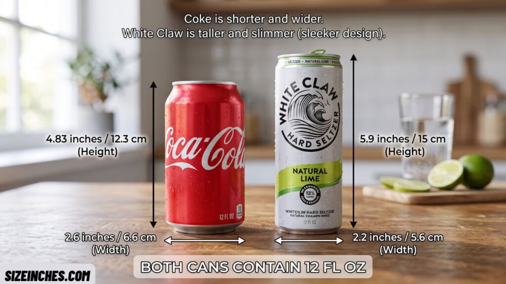 A standard Coca-Cola can beside a White Claw can showing the slim can is taller and narrower