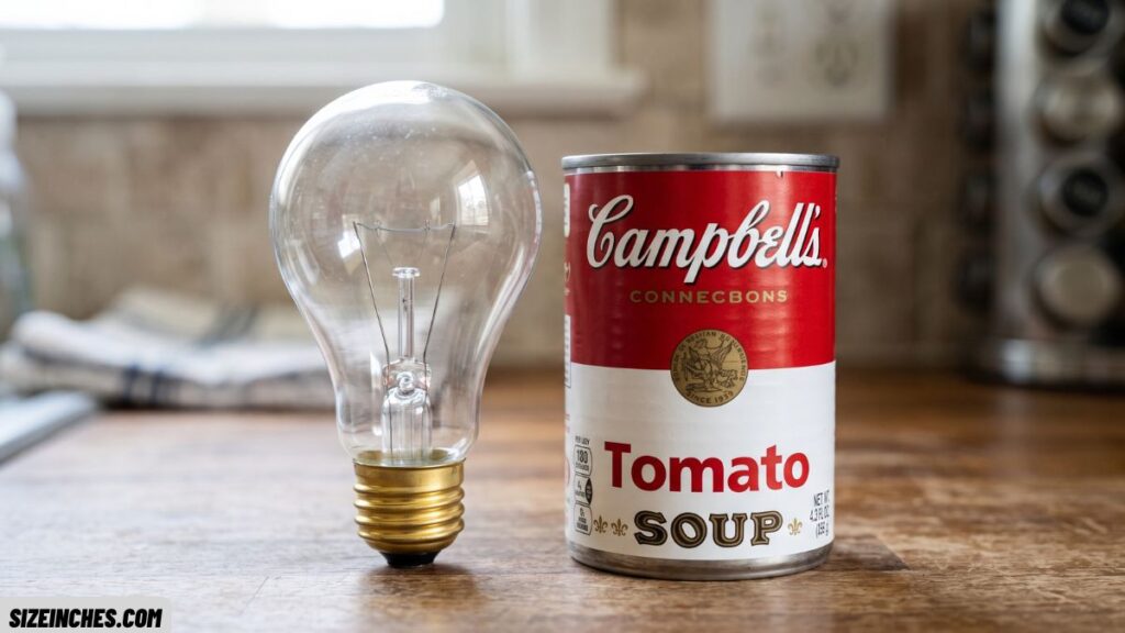 standard light bulb next to a soup can showing a similar height near 4 inches