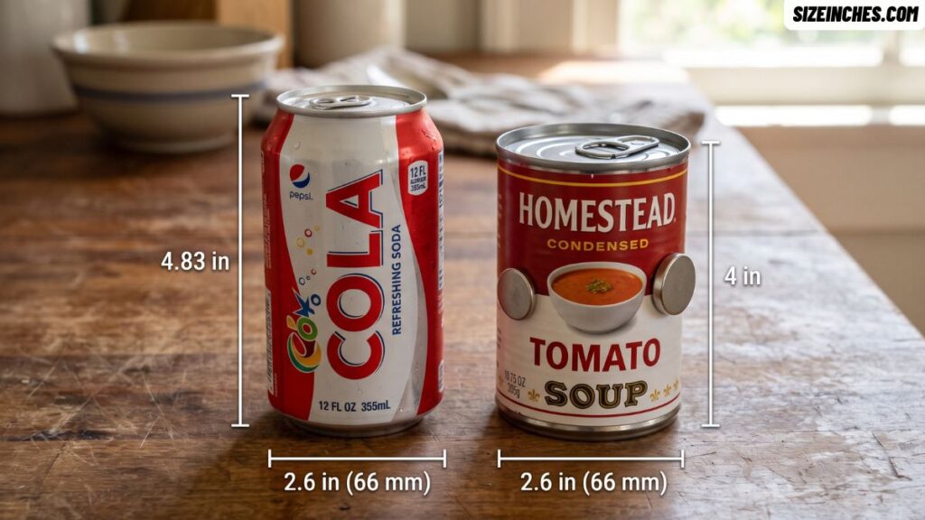 A standard soda can next to a soup can showing the same 66 mm width